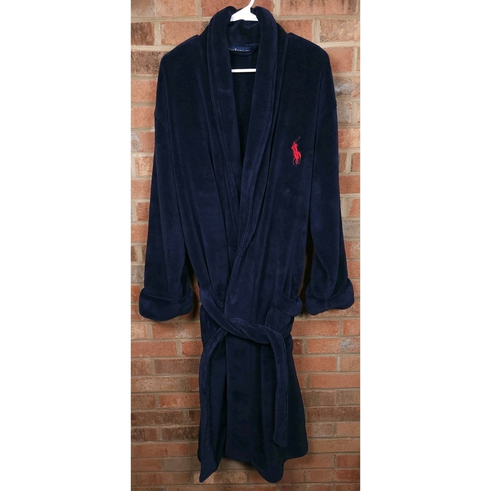 Polo Ralph Lauren Bath Robe Mens One Size Navy Blue Fleece Belted Big Pony